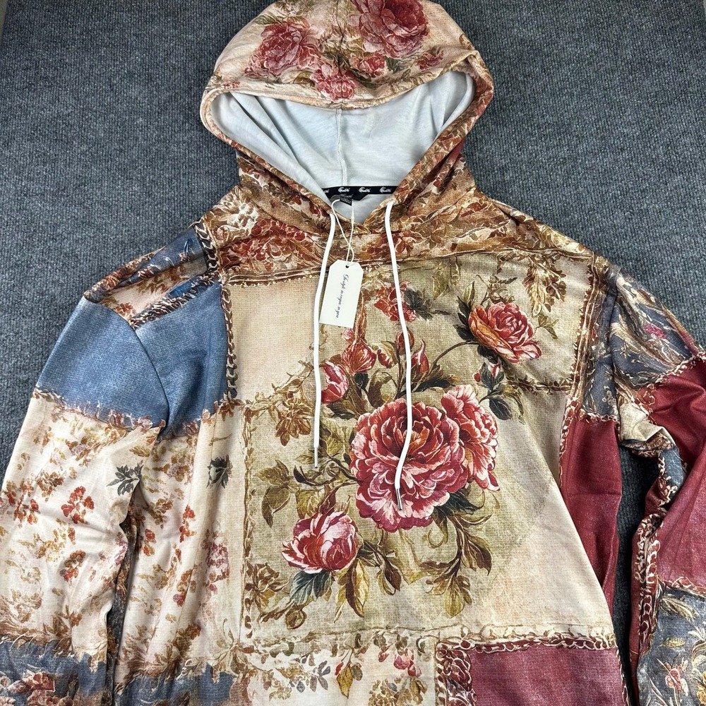 ShallWe Floral Patchwork Hoodie 2XL Tan Rose Boho Cottagecore Aesthetic Vibe
